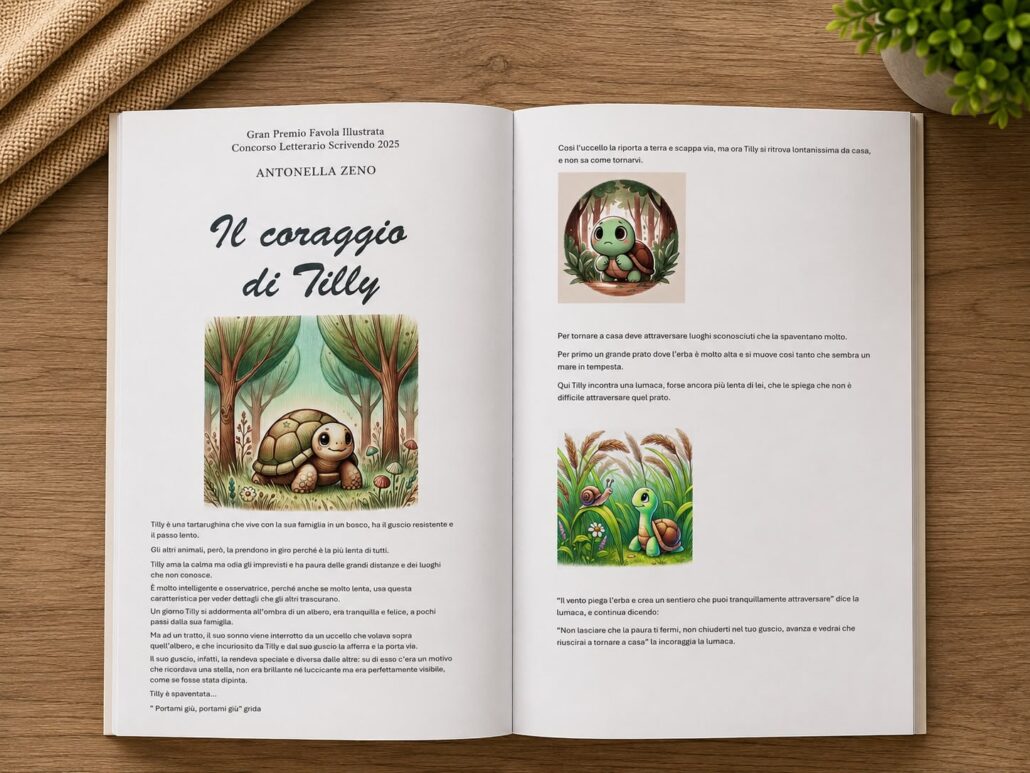 Illustrazione di Tilly la tartaruga e la lumaca tra l'erba alta nel libro Il coraggio di Tilly.